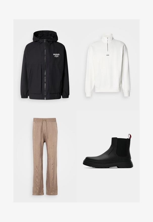 Black hooded jacket featuring a full front zip, elastic cuffs, and dual front pockets. Printed logo on the left chest. Smooth texture.; White pullover sweatshirt with a high collar and half-zip, featuring a small black "HUGO" logo centered on the chest. Soft fabric texture.; Light brown, wide-leg pants made of smooth fabric, featuring an elastic waistband with a drawstring and two front crease lines.; Black ankle boot with a smooth finish, elastic side panels, and a contrasting red pull tab, featuring a thick rubber sole and rounded toe.