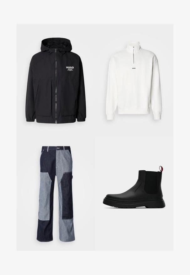 Giacca nera con cappuccio caratterizzata da una zip frontale completa, polsini elasticizzati e due tasche frontali. Logo stampato sul lato sinistro del petto. Texture liscia.; Felpa bianca con collo alto e zip a metà, caratterizzata da un piccolo logo "HUGO" nero al centro del petto. Tessuto morbido.; Pantaloni in denim con un design a patchwork in diverse tonalità di blu scuro e chiaro, con cuciture a contrasto e gamba larga e dritta.; Stivale alla caviglia nero con finitura liscia, pannelli laterali elastici e un tab di presa rosso a contrasto, dotato di una suola in gomma spessa e punta arrotondata.