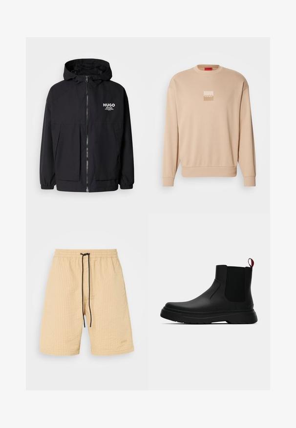 Juodas gobtuvas striukė su pilnu priekiniu užtrauktuku, elastinėmis rankovėmis ir dviem priekinėmis kišenėmis. Spausdintas logo ant kairės krūtinės. Lygus tekstūruotas paviršius.; Šviesiai ruda džemperis su apvaliu iškirpimu ir susiūtomis rankovėmis. Priekyje yra mažas kvadratinis logotipas šviesiomis spalvomis. Minkšta, lygi tekstūra.; Šviesiai rudos šortai, pagaminti iš tekstūruotos medžiagos, su elastine juostele ir juodu raišteliu. Yra subtilus logotipo akcentas. Tiesaus kirpimo dizainas.; Juodas kulkšninis batas su lygiu paviršiumi, elastiniais šonų intarpais ir kontrastingu raudonu kilimėliu, turintis storą guminį pado ir apvalią nosį.