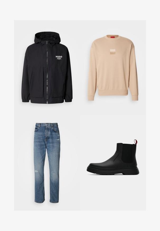 Chaqueta negra con capucha que presenta un cierre frontal completo, puños elásticos y dos bolsillos frontales. Logo impreso en el lado izquierdo del pecho. Textura suave.; Sudadera beige con escote redondo y puños acanalados. Presenta un pequeño logotipo cuadrado en colores claros en la parte frontal. Textura suave y lisa.; Jeans de mezclilla de color azul claro con un diseño de pierna recta, que cuentan con un cierre de botón y cremallera, cinco bolsillos y detalles deshilachados cerca de la rodilla.; Botín negro con un acabado liso, paneles laterales elásticos y una lengüeta de tirón roja contrastante, que presenta una suela de goma gruesa y punta redondeada.