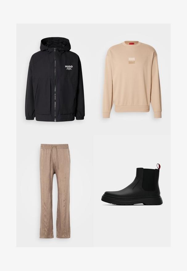 Black hooded jacket featuring a full front zip, elastic cuffs, and dual front pockets. Printed logo on the left chest. Smooth texture.; Beige sweatshirt with a round neckline and ribbed cuffs. Features a small square logo in pale colors on the front. Soft, smooth texture.; Light brown, wide-leg pants made of smooth fabric, featuring an elastic waistband with a drawstring and two front crease lines.; Black ankle boot with a smooth finish, elastic side panels, and a contrasting red pull tab, featuring a thick rubber sole and rounded toe.