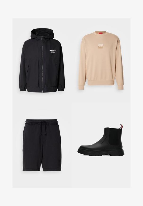 Schwarze Kapuzenjacke mit einem durchgehenden Reißverschluss an der Vorderseite, elastischen Bündchen und zwei vorderen Taschen. Bedrucktes Logo auf der linken Brust. Glatte Textur.; Beige Sweatshirt mit rundem Ausschnitt und gerippten Bündchen. Auf der Vorderseite befindet sich ein kleines quadratisches Logo in hellen Farben. Weiche, glatte Textur.; Schwarze Baumwollshorts mit elastischem Bund und Kordelzug. Verfügt über seitliche Taschen und dezente, eingebettete Markenkennzeichnung am unteren linken Bein.; Schwarze Knöchelstiefel mit glatter Oberfläche, elastischen Seitenpaneelen und einem kontrastierenden roten Zuglasche, ausgestattet mit einer dicken Gummisohle und einer runden Zehenpartie.