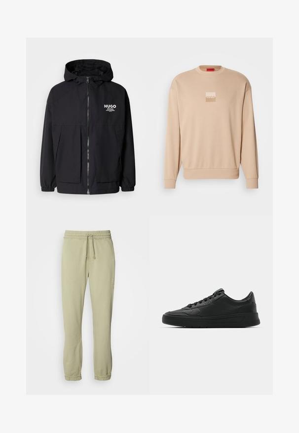 Črna kapuca jakna z full front zadrgo, elastičnimi manšetami in dvema sprednjima žepoma. Natisnjena logo na levi prsni strani. Gladka tekstura.; Bež hudournik s okroglim izrezom in rebrastimi manšetami. Na sprednji strani je majhen kvadraten logotip v svetlih barvah. Mehak, gladek tekstura.; Svetlozeleni trenerki s elastičnim pasom, nastavljivim vrvico in nabranim manšetom. Narejene iz mehkega materiala, z minimalnim dizajnom.; Črne superge z gladkim usnjenim zgornjim delom, okroglo konico, ravnimi vezalkami, oblazinjeno ovratnikom in minimalističnim dizajnom. Gumijast podplat z diskretnim profilom.