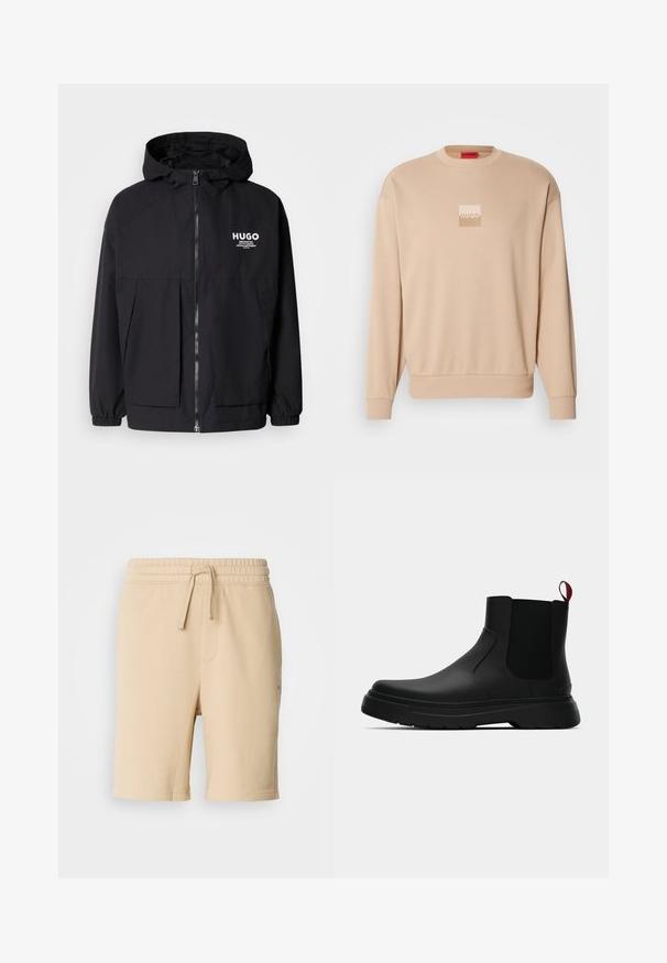Čierna kapucňová bunda s plným predným zipsom, elastickými manžetami a dvojitými prednými vreckami. Tlačené logo na ľavej hrudi. Hladký povrch.; Béžová mikina s okrúhlym výstrihom a rebrovanými manžetami. Na prednej strane je malá štvorcová nášivka v svetlých farbách. Hladký a jemný povrch.; Béžové šortky z bavlneného zmesi s elastickým pásom, detailom na stiahnutie, bočnou kapsou a rovnými nohavicami. Hladká textúra a jednoduchý dizajn.; Čierne členkové topánky s hladkým povrchom, elastickými bočnými panelmi a kontrastným červeným poutkom, vybavené hrubou gumovou podrážkou a zaoblenou špičkou.