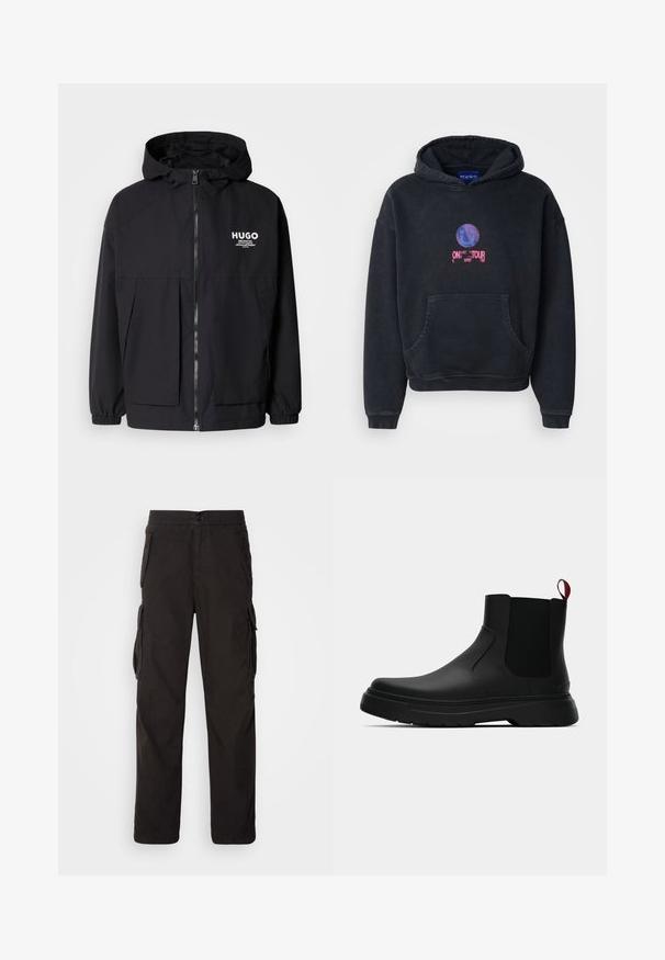 Melnā kapuce jaka ar pilnu priekšējo rāvējslēdzēju, elastīgām piedurknēm un divām priekšējām kabatām. Izdrukāts logo kreisajā krūtī. Gluda tekstūra.; Melnā kapucīna džemperis, izgatavots no kokvilnas maisījuma. Iekļauj priekšējo kabatu un grafisku prints ar smaidu seju un tekstu "ON TOUR". Teksts rozā un zils.; Melnas militārās bikses ar taisnu griezumu, elastīgu jostu, vairākām sānu kabatām un struktūrveida audumu, kas nodrošina izturību.; Melnas potītes ar gludu apdari, elastīgiem sānu paneļiem un kontrastējošu sarkano cilpu, aprīkotas ar biezu gumijas zoli un noapaļotu purngalu.
