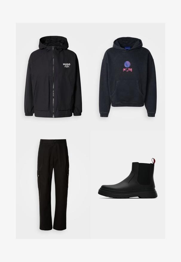 Černá kapucňová bunda s plným předním zipem, elastickými manžetami a dvojitými předními kapsami. Tištěné logo na levém prsu. Hladká textura.; Černá mikina s kapucí vyrobená z bavlněné směsi. Obsahuje přední kapsu a grafický potisk s usmívající se tváří a textem "ON TOUR". Text je v růžové a modré barvě.; Černé cargo kalhoty vyrobené z bavlny s uvolněným střihem, vybavené bočními kapsami, zapínáním na knoflík a rovnými nohavicemi. Jednoduchý design bez vzorů.; Černé kotníkové boty s hladkým povrchem, elastickými bočními panely a kontrastním červeným poutkem, s tlustou gumovou podrážkou a zaoblenou špičkou.