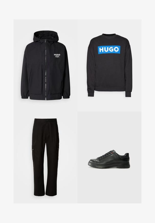 Černá kapucňová bunda s plným předním zipem, elastickými manžetami a dvojitými předními kapsami. Tištěné logo na levém prsu. Hladká textura.; Černá mikina vyrobená z bavlněné směsi, s velkým modrým obdélníkovým logem s nápisem "HUGO" bílými písmeny na přední straně.; Černé cargo kalhoty vyrobené z bavlny s uvolněným střihem, vybavené bočními kapsami, zapínáním na knoflík a rovnými nohavicemi. Jednoduchý design bez vzorů.; Černé kožené tenisky s texturovaným svrškem, polstrovaným límcem a červeným logem. Disponují tlustou gumovou podrážkou s výrazným vzorem.