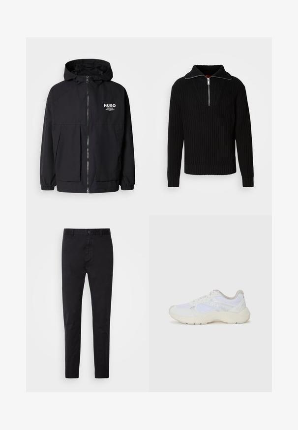 Black hooded jacket featuring a full front zip, elastic cuffs, and dual front pockets. Printed logo on the left chest. Smooth texture.; Black ribbed sweater with a high collar and short zipper. Features textured fabric and fitted cuffs, providing a structured silhouette.; Black chinos featuring a smooth texture, button closure, and tapered design. Ideal for casual or semi-formal wear.; White athletic shoes made of mesh and suede, featuring a textured midsole, textured accents, and "HUGO" logo on the side.