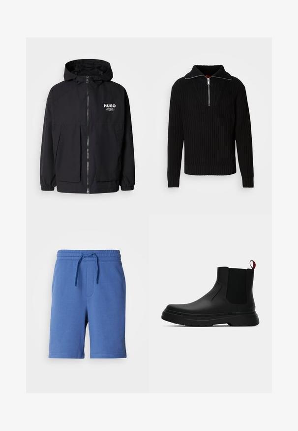 Chaqueta negra con capucha que presenta un cierre frontal completo, puños elásticos y dos bolsillos frontales. Logo impreso en el lado izquierdo del pecho. Textura suave.; Suéter negro acanalado con un cuello alto y una cremallera corta. Presenta una tela texturizada y puños ajustados, proporcionando una silueta estructurada.; Pantalones cortos de algodón azules con cintura elástica, cordón y bolsillo lateral. Textura suave, diseño hasta la rodilla y detalle de marca minimalista.; Botín negro con un acabado liso, paneles laterales elásticos y una lengüeta de tirón roja contrastante, que presenta una suela de goma gruesa y punta redondeada.