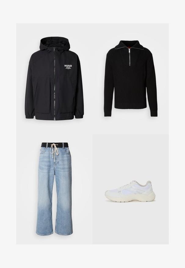 Crna kapuljača s punim prednjim zatvaračem, elastičnim rukavima i dvostrukim prednjim džepovima. Ispisani logo na lijevoj strani prsnog koša. Glatka tekstura.; Crna rebrasta pulover s visokim ovratnikom i kratkim zatvaračem. Ima teksturiranu tkaninu i uske rukave, što pruža strukturirani izgled.; Svijetloplave široke traperice s crnim elastičnim pojasom, koje imaju zatvaranje na vezicu i klasičan dizajn s pet džepova.; Bijele atletske tenisice napravljene od mrežastog materijala i kože antilop, s teksturiranom srednjom potplatom, teksturiranim detaljima i "HUGO" logotipom sa strane.