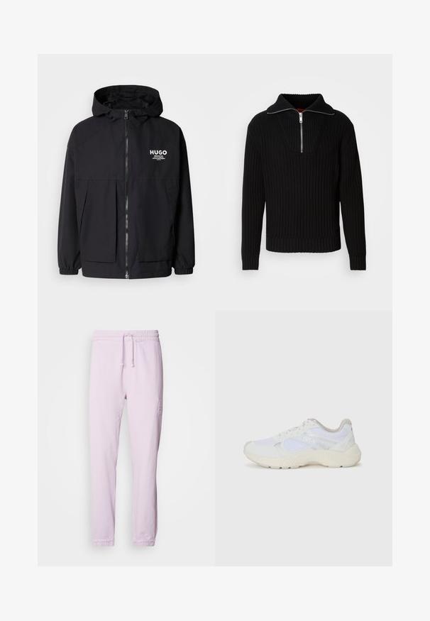 Mustat hupparitakki, jossa on täysipituinen vetoketju, joustavat hihansuut ja kaksinkertaiset etupussit. Vasemmassa rinnassa painettu logo. Sileä tekstuuri.; Musta ribbattu neule, jossa on korkea kaulus ja lyhyt vetskari. Sen kankaan pinta on teksturoitu ja hihansuissa on tiukka istuvuus, mikä luo rakenteellisen siluetin.; Vaaleanpunaiset collegehousut, jotka on valmistettu puuvillasta. Housuissa on elastinen vyötärö, jossa on nauhakuja, lahkeet ovat resorilla varustetut ja niissä on huomaamaton brodeerattu logoyksityiskohta.; Valkoiset urheilukengät, jotka on valmistettu verkkokankaasta ja mokasta, sisältävät tekstuurillisen välipohjan, teksturoituja yksityiskohtia ja "HUGO"-logon sivussa.