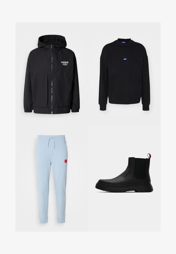 Crna kapuljača s punim prednjim zatvaračem, elastičnim rukavima i dvostrukim prednjim džepovima. Ispisani logo na lijevoj strani prsnog koša. Glatka tekstura.; Crna dukserica s dugim rukavima i rebrastim manžetama. Sadrži mali plavi logo centriran na prsima. Napravljena je od mekanog materijala.; Svijetloplavi pamučni joggeri s elastičnom užicom u struku, bočnim džepovima i malim crvenim aplikacijom na lijevoj strani. Uže sužavanje na gležnjevima.; Crni gležnjači s glatkom površinom, elastičnim bočnim panelima i kontrastnom crvenom vučnom petljom, s debelim gumenim potplatom i zaobljenim vrhom.