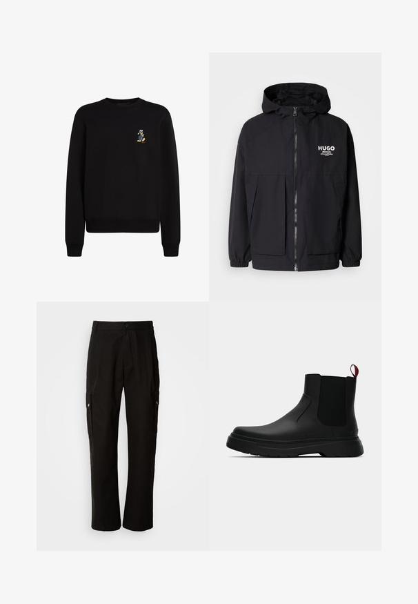 Černá kapucňová bunda s plným předním zipem, elastickými manžetami a dvojitými předními kapsami. Tištěné logo na levém prsu. Hladká textura.; Černá mikina s kruhovým výstřihem, dlouhými rukávy, žebrovanými manžetami a lemem; na levé straně hrudi se nachází malá vyšitá postavička.; Černé cargo kalhoty vyrobené z bavlny s uvolněným střihem, vybavené bočními kapsami, zapínáním na knoflík a rovnými nohavicemi. Jednoduchý design bez vzorů.; Černé kotníkové boty s hladkým povrchem, elastickými bočními panely a kontrastním červeným poutkem, s tlustou gumovou podrážkou a zaoblenou špičkou.