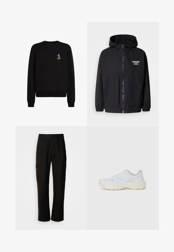 Melnā kapuce jaka ar pilnu priekšējo rāvējslēdzēju, elastīgām piedurknēm un divām priekšējām kabatām. Izdrukāts logo kreisajā krūtī. Gluda tekstūra.; Melnā sporta džemperis ar apaļu kakla izgriezumu, garām piedurknēm, ribotām aprocēm un apakšmalu; uz kreisā krūšu daļā ir neliela izšūta figura.; Melnas kokvilnas kravas bikses ar brīvu piegriezumu, ar sānu kabatām, pogu aizdari un taisnām kājām. Vienkāršs dizains bez rakstiem.; Baltas sporta apavi, kas izgatavoti no sieta un zamšāda, ar teksturētu starpzoli, teksturētām akcentēm un "HUGO" logo sānos.