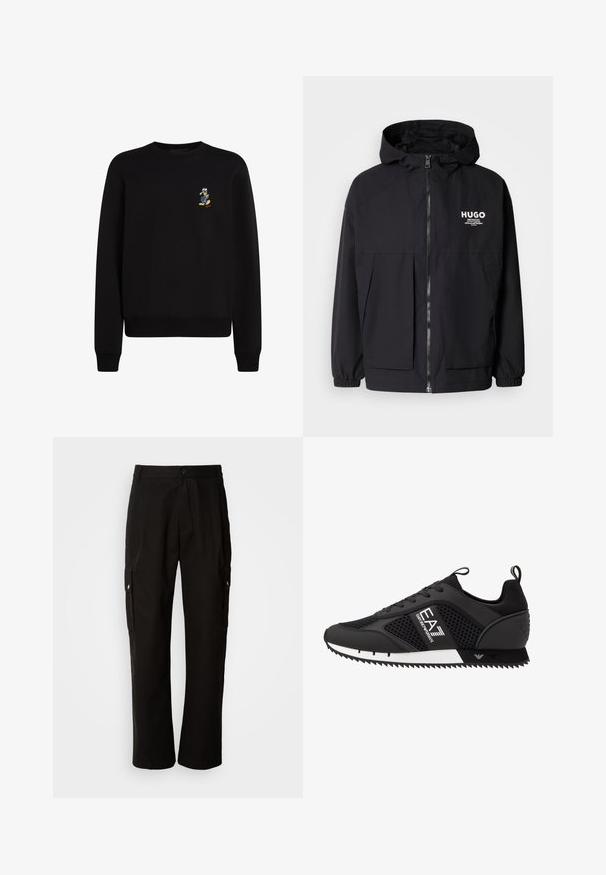 Črna kapuca jakna z full front zadrgo, elastičnimi manšetami in dvema sprednjima žepoma. Natisnjena logo na levi prsni strani. Gladka tekstura.; Črna majica s dolgimi rokavi in okroglim izrezom, z rebrastimi manšetami in robom; na levem prsnem delu je majhna vezenina lik.; Črne cargo hlače iz bombaža z sproščenim krojem, opremljene s stranskimi žepi, gumbom za zapiranje in ravnimi nogami. Preprost dizajn brez vzorcev.; EA7 Emporio Armani Športni copati - black/white
