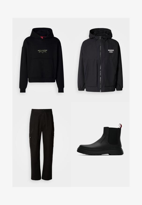 Jachetă neagră cu glugă, având un fermoar complet pe față, manșete elastice și două buzunare frontale. Logo imprimat pe partea stângă a pieptului. Textură netedă.; Hanorac negru cu glugă, dotat cu un buzunar frontal, având un design brodat care include cuvântul „HUGO” și elemente decorative.; Pantaloni cargo negri din bumbac, cu o croială lejeră, având buzunare laterale, închidere cu nasture și picioare drepte. Design simplu, fără modele.; Botine negre până la gleznă, cu un finisaj neted, panouri laterale elastice și un tab de prindere roșu contrastant, având o talpă groasă din cauciuc și vârf rotunjit.