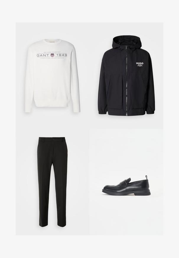 Svart hettegenser med full frontglidelås, elastiske mansjetter og doble frontlommer. Trykt logo på venstre bryst. Glatt tekstur.; Hvit sweatshirt med lange ermer, rund hals og ribbede mansjetter. Har teksten "GANT 1949" og en logo i mørkeblå og rød.; Sorte bukser laget av glatt stoff, med rette ben, knappelukking og en klassisk design som passer til både formell og uformell bruk.; Sorte skinnloafers med rund tå, detalj med frontstropp og lav gummisåle. Har diskret søm og en bakre trekkstropp.