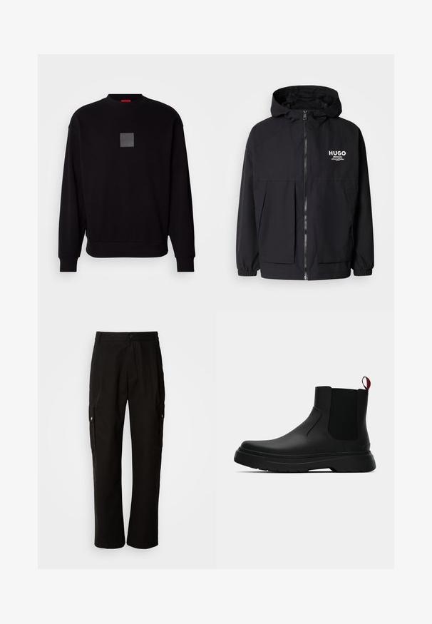Giacca nera con cappuccio caratterizzata da una zip frontale completa, polsini elasticizzati e due tasche frontali. Logo stampato sul lato sinistro del petto. Texture liscia.; Felpa nera con maniche lunghe, scollatura rotonda, logo quadrato grigio sul davanti, texture morbida e polsini e orlo a coste.; Pantaloni cargo neri in cotone con vestibilità comoda, dotati di tasche laterali, chiusura a bottone e gambe dritti. Design semplice senza motivi.; Stivale alla caviglia nero con finitura liscia, pannelli laterali elastici e un tab di presa rosso a contrasto, dotato di una suola in gomma spessa e punta arrotondata.