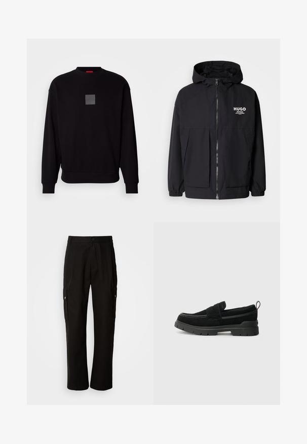 Fekete kapucnis dzseki, teljes elülső cipzárral, elasztikus mandzsettákkal és két elülső zsebbel. Nyomtatott logó a bal mellen. Simább textúra.; Fekete pulóver hosszú ujjal, kerek nyakkivágással, elülső szürke négyzet logóval, puha tapintással, valamint bordázott mandzsettákkal és szegéllyel.; Fekete vászont nadrág laza szabással, oldalsó zsebekkel, gombos záródással és egyenes lábakkal. Egyszerű minta nélküli design.; Fekete szarvasbőr, slip-on stílusú cipők vastag fekete gumitalppal, felső pánttal és kontrasztos varrási részletekkel.