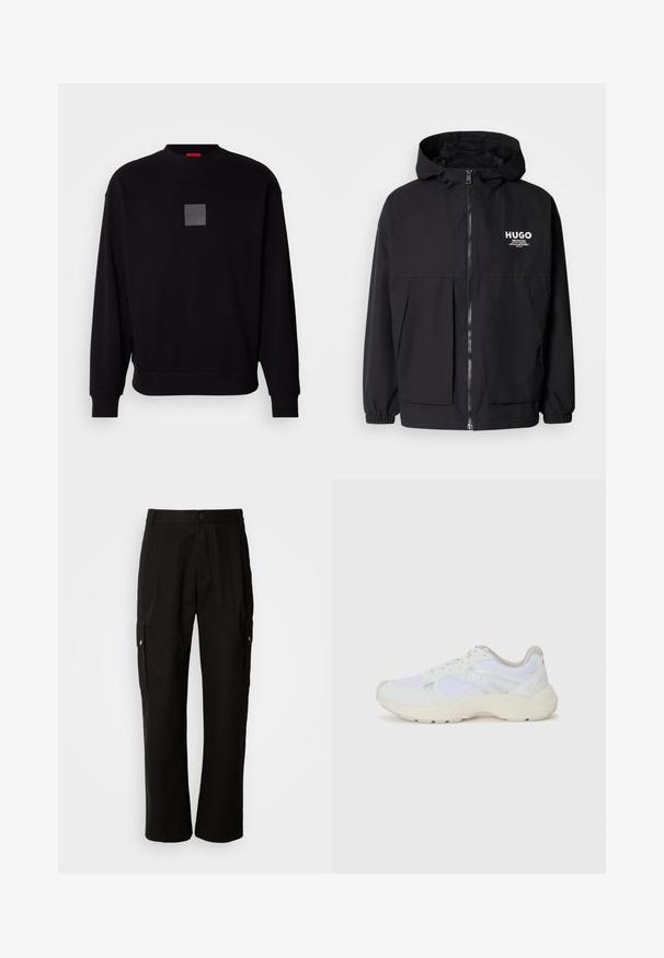 Melnā kapuce jaka ar pilnu priekšējo rāvējslēdzēju, elastīgām piedurknēm un divām priekšējām kabatām. Izdrukāts logo kreisajā krūtī. Gluda tekstūra.; Melns džemperis ar garām piedurknēm, apaļu kakla izgriezumu, priekšpusē pelēks kvadrāta logotips, mīksta tekstūra un ribotas piedurknes un apakšmala.; Melnas kokvilnas kravas bikses ar brīvu piegriezumu, ar sānu kabatām, pogu aizdari un taisnām kājām. Vienkāršs dizains bez rakstiem.; Baltas sporta apavi, kas izgatavoti no sieta un zamšāda, ar teksturētu starpzoli, teksturētām akcentēm un "HUGO" logo sānos.