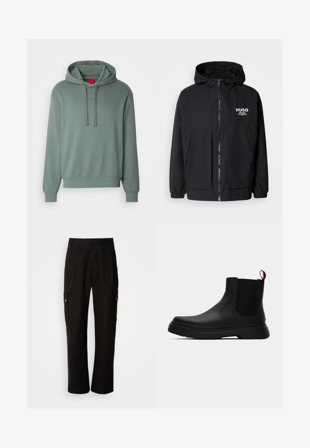 Fekete kapucnis dzseki, teljes elülső cipzárral, elasztikus mandzsettákkal és két elülső zsebbel. Nyomtatott logó a bal mellen. Simább textúra.; Zöld kapucnis pulcsi puha pamut keverékből, húzózsinóros kapucnival, elülső logóval, valamint bordázott mandzsettákkal és hemikkel. Egyszerű, laza fit dizájn.; Fekete vászont nadrág laza szabással, oldalsó zsebekkel, gombos záródással és egyenes lábakkal. Egyszerű minta nélküli design.; Fekete bokacipő sima felülettel, ruganyos oldalsó panelek és kontrasztos piros húzópánt jellemzi, vastag gumitalppal és lekerekített orral.
