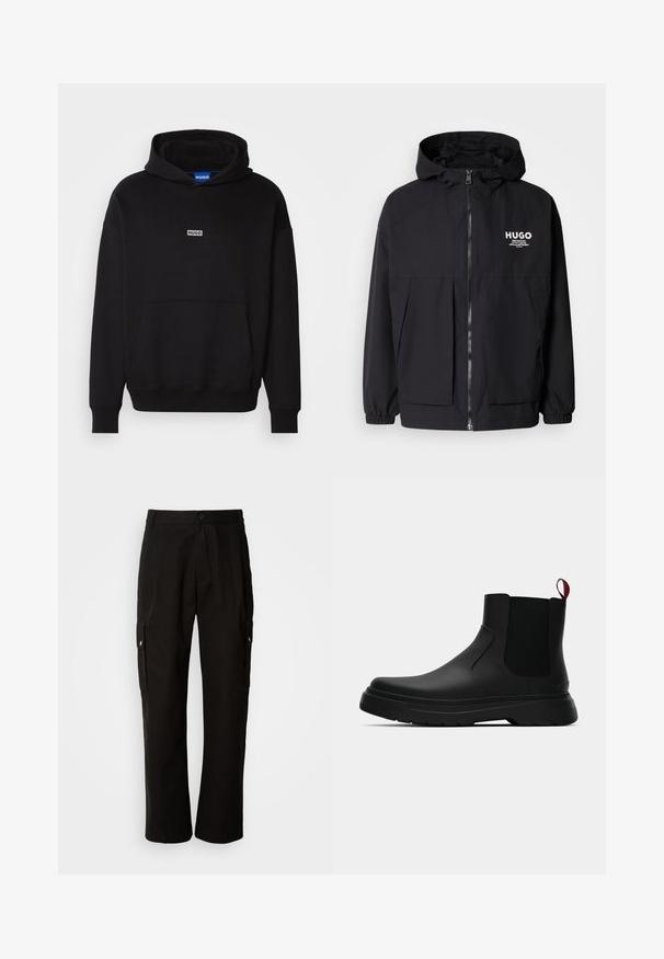 Giacca nera con cappuccio caratterizzata da una zip frontale completa, polsini elasticizzati e due tasche frontali. Logo stampato sul lato sinistro del petto. Texture liscia.; HUGO NAZARDO - Felpa - black; Pantaloni cargo neri in cotone con vestibilità comoda, dotati di tasche laterali, chiusura a bottone e gambe dritti. Design semplice senza motivi.; Stivale alla caviglia nero con finitura liscia, pannelli laterali elastici e un tab di presa rosso a contrasto, dotato di una suola in gomma spessa e punta arrotondata.