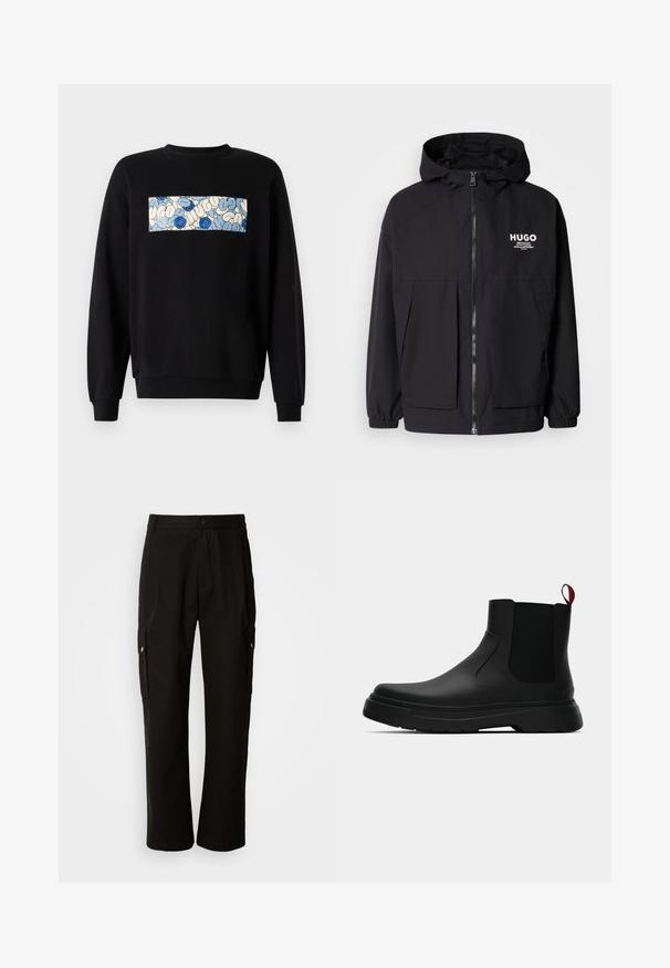 Čierna kapucňová bunda s plným predným zipsom, elastickými manžetami a dvojitými prednými vreckami. Tlačené logo na ľavej hrudi. Hladký povrch.; Čierna mikina s centrálnym obdĺžnikovým panelom s modro-bielym abstraktným vzorom. Žebrované manžety a spodný okraj dodávajú štruktúru.; Čierne cargo nohavice vyrobené z bavlny s voľným strihom, majú bočné vrecká, zapínanie na gombík a rovné nohavice. Jednoduchý dizajn bez vzorov.; Čierne členkové topánky s hladkým povrchom, elastickými bočnými panelmi a kontrastným červeným poutkom, vybavené hrubou gumovou podrážkou a zaoblenou špičkou.