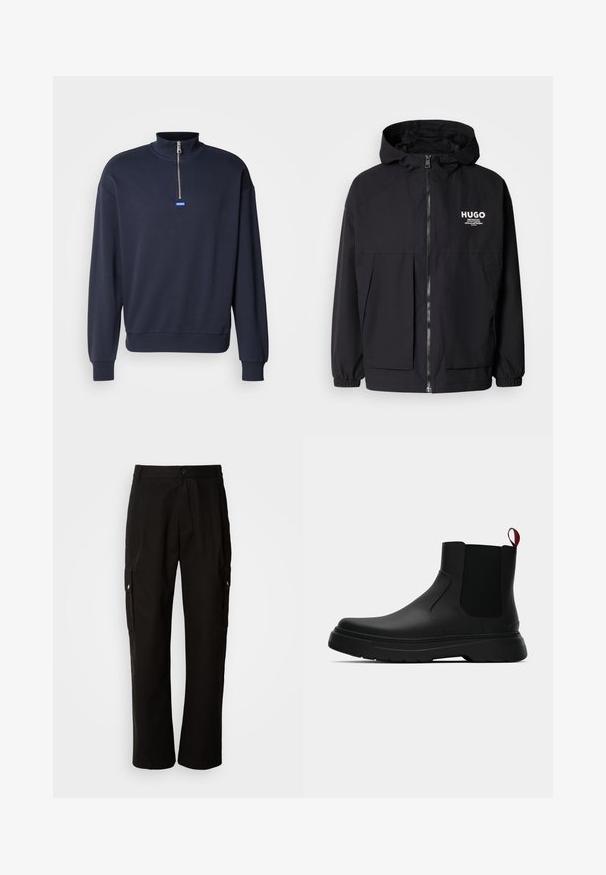 Čierna kapucňová bunda s plným predným zipsom, elastickými manžetami a dvojitými prednými vreckami. Tlačené logo na ľavej hrudi. Hladký povrch.; Námornícky modrá mikina s vysokým golierom a polovičným zipsom, s rebrovanými manžetami a lemovaním a malým modrým logom na prednej strane.; Čierne cargo nohavice vyrobené z bavlny s voľným strihom, majú bočné vrecká, zapínanie na gombík a rovné nohavice. Jednoduchý dizajn bez vzorov.; Čierne členkové topánky s hladkým povrchom, elastickými bočnými panelmi a kontrastným červeným poutkom, vybavené hrubou gumovou podrážkou a zaoblenou špičkou.