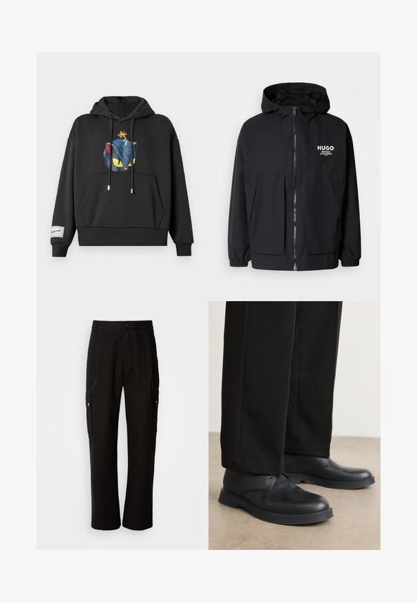 Svart hettegenser med full frontglidelås, elastiske mansjetter og doble frontlommer. Trykt logo på venstre bryst. Glatt tekstur.; Svart hettegenser med et grafisk design av en blå katt med gule øyne og en bombe på hodet. Har en frontlomme og ribbet kant.; Svart bomull T-skjorte med rund hals, med et teksturert svart merke med logo på venstre bryst. Korte ermer og avslappet passform.; Svart cargobukse laget av bomull med avslappet passform, med sidelommer, knappeåpning og rette ben. Enkelt design uten mønstre.; Svarte lærskroker med rund tå, flat såle og minimal detaljer. Kombinert med skræddersydde svarte bukser som viser en jevn tekstur.