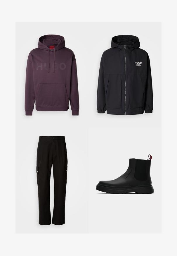 Zwarte hoodie-jack met een volledige rits aan de voorkant, elastische manchetten en twee voorzakken. Gedrukt logo op de linkerborst. Glad textuur.; HUGO DITCHLE - Sweater - open purple; Zwarte cargobroek van katoen met een relaxte pasvorm, voorzien van zijzakken, een knoopsluiting en rechte pijpen. Eenvoudig ontwerp zonder patronen.; Zwarte enkelboot met een gladde afwerking, elastische zijpanelen en een contrasterende rode treklus, met een dikke rubberen zool en een afgeronde teen.