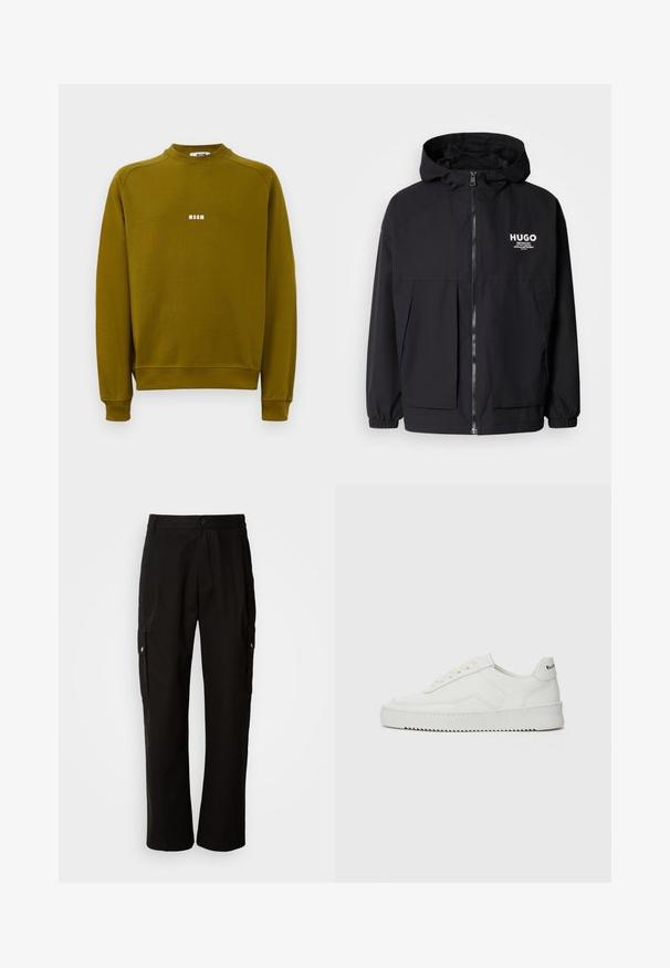 Zwarte hoodie-jack met een volledige rits aan de voorkant, elastische manchetten en twee voorzakken. Gedrukt logo op de linkerborst. Glad textuur.; Olijfgroen sweatshirt met lange mouwen, ronde hals en een klein wit "MSGM" logo in het midden van de borst.; Zwarte cargobroek van katoen met een relaxte pasvorm, voorzien van zijzakken, een knoopsluiting en rechte pijpen. Eenvoudig ontwerp zonder patronen.; Witte leren sneaker met een gladde afwerking, ronde neus, platte veters en een gestructureerde zool. Kenmerkt zich door een subtiel logo op de hiel.