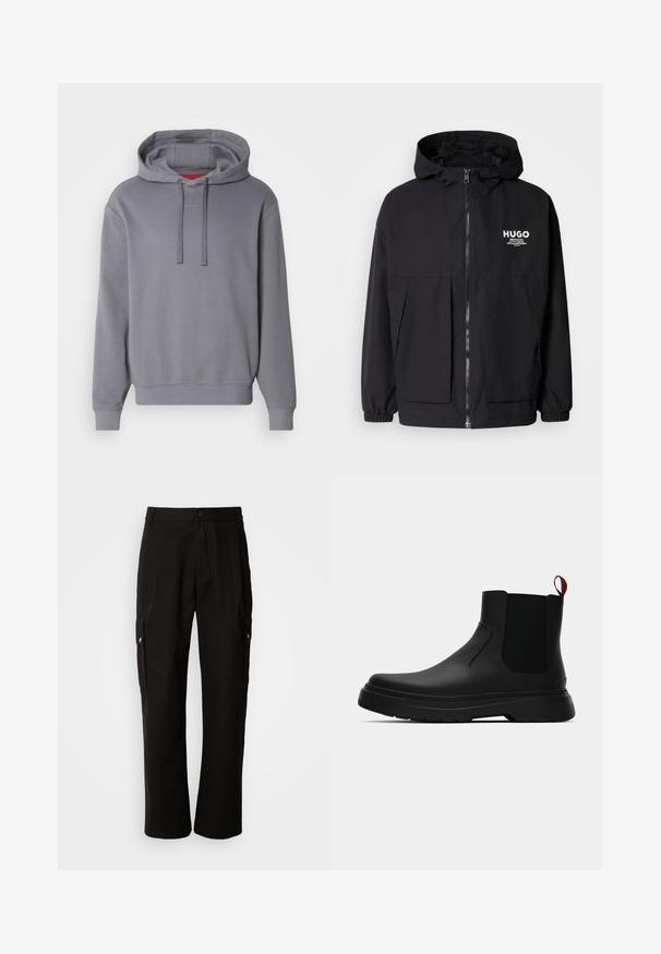 Must tumes jakk, millel on täispikktõmblukk, elastsed mansetid ja kaks esist pocketit. Prinditud logo vasakul rinnal. Sile tekstuur.; Hallide sinine kapuutsiga fliis, millel on kenguru tasku, reguleeritav kapuuts ja soonikud varrukatel. Rinna peal on peen "HUGO" bränding. Pehme kangastekstuuri puudutus.; Mustad mustadeks rõivasteks mõeldud puuvillased püksid, millel on lõdva istuvuse disain, küljetaskud, nööbiga sulgemine ja sirged sääred. Lihtne disain ilma mustriteta.; Mustad musta värvi ankle boot, millel on sile viimistlus, elastsed külgpaneelid ja kontrastne punane tõmbetaba. Saapadel on paks kummist tald ja ümar varvas.