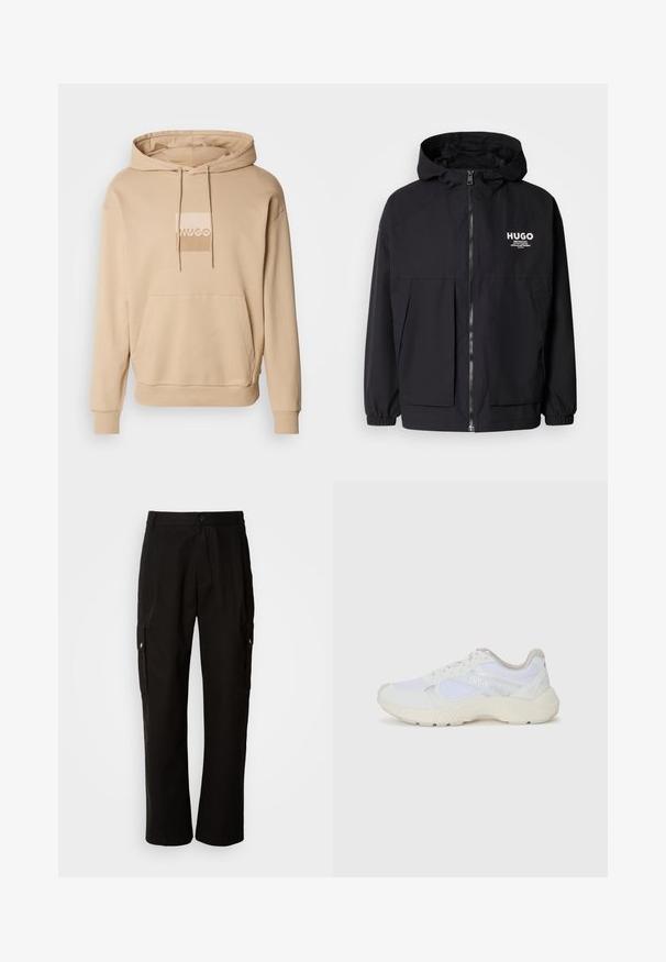 Svart huva jacka med full dragkedja fram, elastiska ärmslut och dubbla framfickor. Tryckt logotyp på vänster bröst. Slät textur.; Beige hoodie med en framficka, dragsko i huvan och en rektangulär logotyp i ljusare beige. Tillverkad av mjukt bomullstyg och har ribbade ärmslut.; Svarta cargobyxor i bomull med avslappnad passform, utrustade med sidofickor, knapplås och raka ben. Enkelt design utan mönster.; Vitaidrottsskor i mesh och mocka med en strukturerad mellansula, texturerade accenter och "HUGO"-logotypen på sidan.