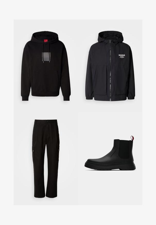 Jachetă neagră cu glugă, având un fermoar complet pe față, manșete elastice și două buzunare frontale. Logo imprimat pe partea stângă a pieptului. Textură netedă.; Hanorac negru cu siret, buzunar frontal și logo într-un pătrat transparent. Materialul pare moale, cu o textură netedă.; Pantaloni cargo negri din bumbac, cu o croială lejeră, având buzunare laterale, închidere cu nasture și picioare drepte. Design simplu, fără modele.; Botine negre până la gleznă, cu un finisaj neted, panouri laterale elastice și un tab de prindere roșu contrastant, având o talpă groasă din cauciuc și vârf rotunjit.