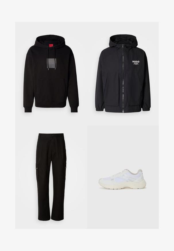 Čierna kapucňová bunda s plným predným zipsom, elastickými manžetami a dvojitými prednými vreckami. Tlačené logo na ľavej hrudi. Hladký povrch.; Čierna mikina s kapucňou, sťahovacou šnúrkou, prednou vreckom a logom v priehľadnom štvorci. Tkanina sa zdá byť mäkká s hladkým povrchom.; Čierne cargo nohavice vyrobené z bavlny s voľným strihom, majú bočné vrecká, zapínanie na gombík a rovné nohavice. Jednoduchý dizajn bez vzorov.; Biele atletické topánky vyrobené z materiálov sieťoviny a semišu, s textúrovanou strednou podošvou, textúrovanými akcentmi a logom "HUGO" na boku.