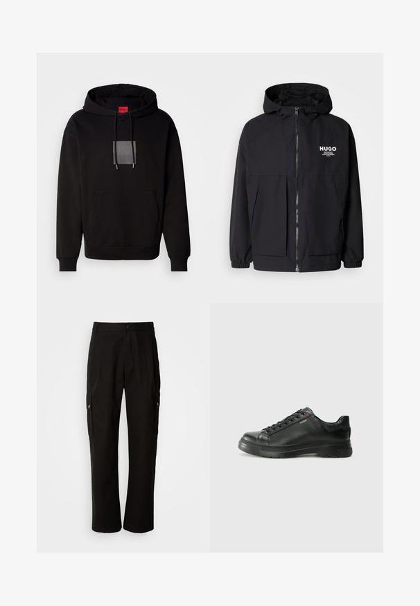 Melnā kapuce jaka ar pilnu priekšējo rāvējslēdzēju, elastīgām piedurknēm un divām priekšējām kabatām. Izdrukāts logo kreisajā krūtī. Gluda tekstūra.; Melnā kapuce ar auklu, priekšējo kabatu un logo caurspīdīgā kvadrātā. Audums izskatās mīksts ar gludu tekstūru.; Melnas kokvilnas kravas bikses ar brīvu piegriezumu, ar sānu kabatām, pogu aizdari un taisnām kājām. Vienkāršs dizains bez rakstiem.; Melnas ādas sporta kedas ar teksturētu virsu, mīkstinātu apmalu un sarkanu logotipa detaļu. Iezīmējas ar biezu gumijas zoli ar izteiktu rakstu.