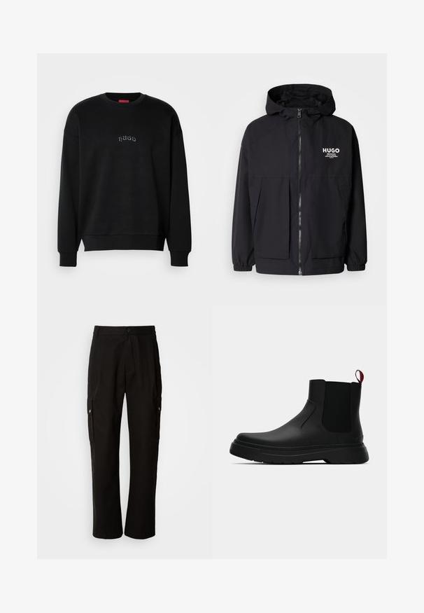 Giacca nera con cappuccio caratterizzata da una zip frontale completa, polsini elasticizzati e due tasche frontali. Logo stampato sul lato sinistro del petto. Texture liscia.; Sweatshirt nero a maniche lunghe con girocollo, con piccolo testo "hugo" centrato in azzurro sul petto, polsini e orlo a coste.; Pantaloni cargo neri in cotone con vestibilità comoda, dotati di tasche laterali, chiusura a bottone e gambe dritti. Design semplice senza motivi.; Stivale alla caviglia nero con finitura liscia, pannelli laterali elastici e un tab di presa rosso a contrasto, dotato di una suola in gomma spessa e punta arrotondata.