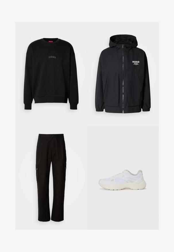 Melnā kapuce jaka ar pilnu priekšējo rāvējslēdzēju, elastīgām piedurknēm un divām priekšējām kabatām. Izdrukāts logo kreisajā krūtī. Gluda tekstūra.; Melna garenā piedurknē kreklā ar apaļu kakla izgriezumu, kurā uz krūtīm ir maza centrēta "hugo" sarkanā tekstā gaiši zilā krāsā, ar ribotām piedurknēm un apakšmalu.; Melnas kokvilnas kravas bikses ar brīvu piegriezumu, ar sānu kabatām, pogu aizdari un taisnām kājām. Vienkāršs dizains bez rakstiem.; Baltas sporta apavi, kas izgatavoti no sieta un zamšāda, ar teksturētu starpzoli, teksturētām akcentēm un "HUGO" logo sānos.