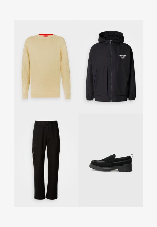 Mustat hupparitakki, jossa on täysipituinen vetoketju, joustavat hihansuut ja kaksinkertaiset etupussit. Vasemmassa rinnassa painettu logo. Sileä tekstuuri.; Kreemi värvi kampsun, millel on tekstureeritud disain, ümmargune kaelus ja soonikkoes varrukapealselt. Omab kogu ulatuses peent logo mustrit.; Mustat cargo-housut puuvillasta, joissa on rento istuvuus, sivutaskut, nappikiinnitys ja suorat lahkeet. Yksinkertainen muotoilu ilman kuvioita.; Mustat mokkanahkakengät, joissa on paksu musta kumipohja, päällä hihna ja kontrastivärinen ompelu.