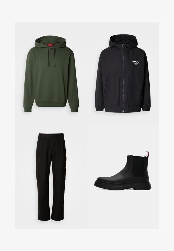Svart hettegenser med full frontglidelås, elastiske mansjetter og doble frontlommer. Trykt logo på venstre bryst. Glatt tekstur.; Olivengrønn hettegenser med frontlomme, ribbestrikkede mansjetter og nederkant. Har snøring og diskret merkevare på brystet.; Svart cargobukse laget av bomull med avslappet passform, med sidelommer, knappeåpning og rette ben. Enkelt design uten mønstre.; Sorte ankelstøvler med en glat overflade, elastiske sidepaneler og en kontrastfyldt rød trækflik, med en tykk gummisål og rund tå.