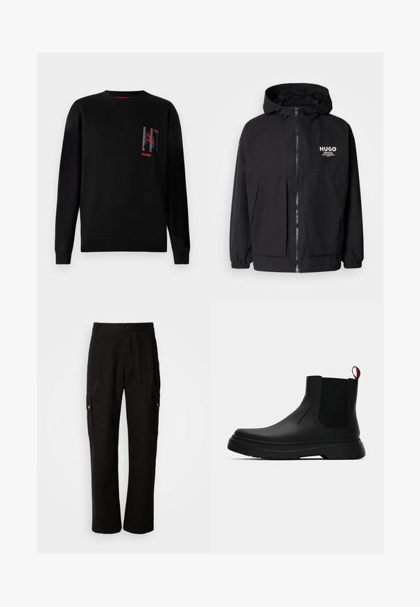 Giacca nera con cappuccio caratterizzata da una zip frontale completa, polsini elasticizzati e due tasche frontali. Logo stampato sul lato sinistro del petto. Texture liscia.; Felpa nera in cotone con maniche lunghe, caratterizzata da una grafica grigia e rossa sul petto sinistro, e polsini e orlo a coste.; Pantaloni cargo neri in cotone con vestibilità comoda, dotati di tasche laterali, chiusura a bottone e gambe dritti. Design semplice senza motivi.; Stivale alla caviglia nero con finitura liscia, pannelli laterali elastici e un tab di presa rosso a contrasto, dotato di una suola in gomma spessa e punta arrotondata.