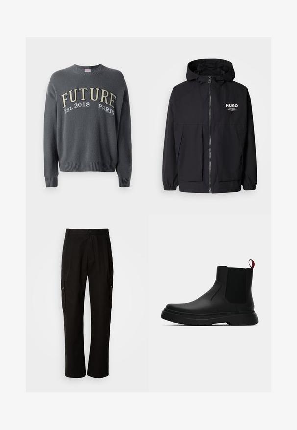 Black hooded jacket featuring a full front zip, elastic cuffs, and dual front pockets. Printed logo on the left chest. Smooth texture.; Dark gray knit sweater with ribbed cuffs and hem, featuring "FUTURE Est. 2018 PARIS" embroidered across the chest in beige and white.; Black cargo pants made of cotton with a relaxed fit, featuring side pockets, a button closure, and straight legs. Simple design without patterns.; Black ankle boot with a smooth finish, elastic side panels, and a contrasting red pull tab, featuring a thick rubber sole and rounded toe.