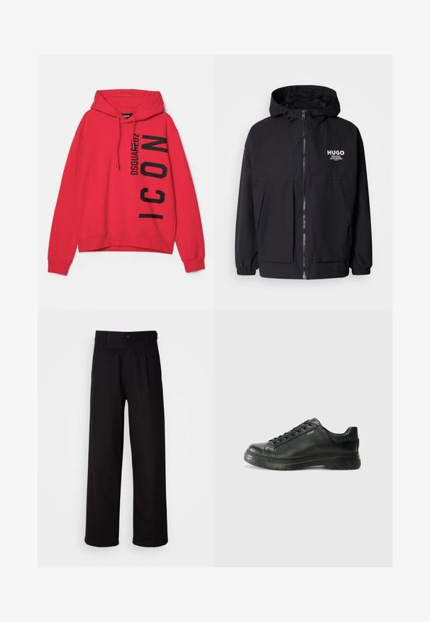 Črna kapuca jakna z full front zadrgo, elastičnimi manšetami in dvema sprednjima žepoma. Natisnjena logo na levi prsni strani. Gladka tekstura.; Rdeča kapuca z sprednjim kenguru žepom, kapuco z vrvico in prevelikim črnim grafičnim napisom z blagovno znamko "DSQUARED2 ICON" na strani.; Črne hlače iz gladkega blaga, s straight-leg obliko, sprednjimi pregibi in enim gumbom za zapiranje v pasu.; Črne usnjene superge z teksturiranim zgornjim delom, podloženim ovratnikom in rdečim logotipom. Imajo debel gumijast podplat z izrazitim vzorcem.