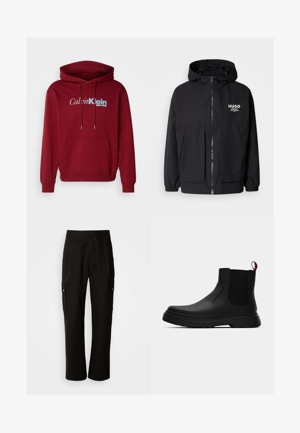 Schwarze Kapuzenjacke mit einem durchgehenden Reißverschluss an der Vorderseite, elastischen Bündchen und zwei vorderen Taschen. Bedrucktes Logo auf der linken Brust. Glatte Textur.; Burgunderfarbener Kapuzenpullover aus Fleece mit einer Kängurutasche, gerippten Bündchen und dem Logo "Calvin Klein NEW YORK" in Weiß und Blau.; Schwarze Cargo-Hosen aus Baumwolle mit lockerem Schnitt, seitlichen Taschen, Knopfverschluss und geradem Bein. Einfaches Design ohne Muster.; Schwarze Knöchelstiefel mit glatter Oberfläche, elastischen Seitenpaneelen und einem kontrastierenden roten Zuglasche, ausgestattet mit einer dicken Gummisohle und einer runden Zehenpartie.