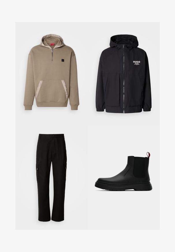Μαύρο μπουφάν με κουκούλα που διαθέτει πλήρες μπροστινό φερμουάρ, ελαστικές μανσέτες και διπλές μπροστινές τσέπες. Εκτυπωμένο λογότυπο στο αριστερό στήθος. Απαλή υφή.; Μπεζ φούτερ με μισό φερμουάρ, επενδυμένη κουκούλα με κλιμένο ύφασμα και αντίθετη υφή στο μπροστινό τσέπη. Διαθέτει ριμπ μανσέτες και μικρή λογότυπη ετικέτα.; Μαύρο cargo παντελόνι από βαμβάκι με χαλαρή εφαρμογή, διαθέτει πλαϊνές τσέπες, κλείσιμο με κουμπί και ίσια πόδια. Απλό σχέδιο χωρίς μοτίβα.; Μαύρη αστράγαλη μποτάκι με λείο φινίρισμα, ελαστικές πλευρικές πάνελ και εναν αντίθετο κόκκινο χερούλι, με παχιά καουτσούκ σόλα και στρογγυλή μύτη.