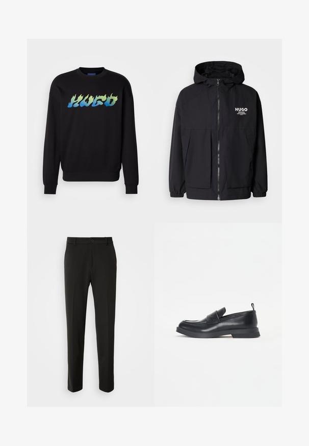 Čierna kapucňová bunda s plným predným zipsom, elastickými manžetami a dvojitými prednými vreckami. Tlačené logo na ľavej hrudi. Hladký povrch.; Čierny svetrový pulóver s dlhými rukávmi, s nápisom "HUGO" v modrom a zelenom plameňovom písme naprieč hrudníkom.; Čierne nohavice vyrobené z hladkej tkaniny, s rovnými nohami, zapínaním na gombík a klasickým dizajnom vhodným pre formálne aj neformálne nosenie.; Čierne kožené mokasíny s okrúhlou špičkou, predným pásikom a nízkou gumovou podrážkou. Obsahujú jemné švy a zadný poutko.