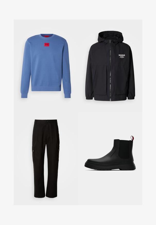 Melnā kapuce jaka ar pilnu priekšējo rāvējslēdzēju, elastīgām piedurknēm un divām priekšējām kabatām. Izdrukāts logo kreisajā krūtī. Gluda tekstūra.; Zila sporta krekls ar apaļu kaklu, ribotām piedurknēm un apakšmalu. Centrā izvietots sarkans kvadrātveida uzlīme ar "HUGO" zīmolu. Gluda auduma tekstūra.; Melnas kokvilnas kravas bikses ar brīvu piegriezumu, ar sānu kabatām, pogu aizdari un taisnām kājām. Vienkāršs dizains bez rakstiem.; Melnas potītes ar gludu apdari, elastīgiem sānu paneļiem un kontrastējošu sarkano cilpu, aprīkotas ar biezu gumijas zoli un noapaļotu purngalu.