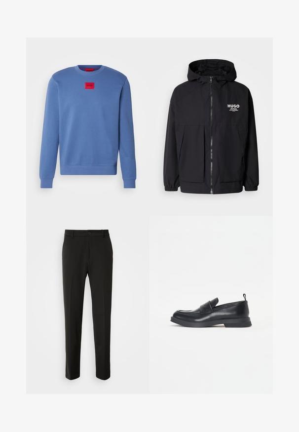 Černá kapucňová bunda s plným předním zipem, elastickými manžetami a dvojitými předními kapsami. Tištěné logo na levém prsu. Hladká textura.; Modrá mikina s kulatým výstřihem, žebrovanými manžetami a lemováním. Uprostřed červený čtvercový náplet s nápisem „HUGO“. Hladká textilie.; Černé kalhoty vyrobené z hladkého materiálu, s rovnými nohavicemi, zapínáním na knoflík a klasickým designem vhodným pro formální i neformální nošení.; Černé kožené mokasíny s kulatou špičkou, detailním páskem vpředu a nízkou gumovou podrážkou. Obsahují jemné prošívání a zadní poutko.