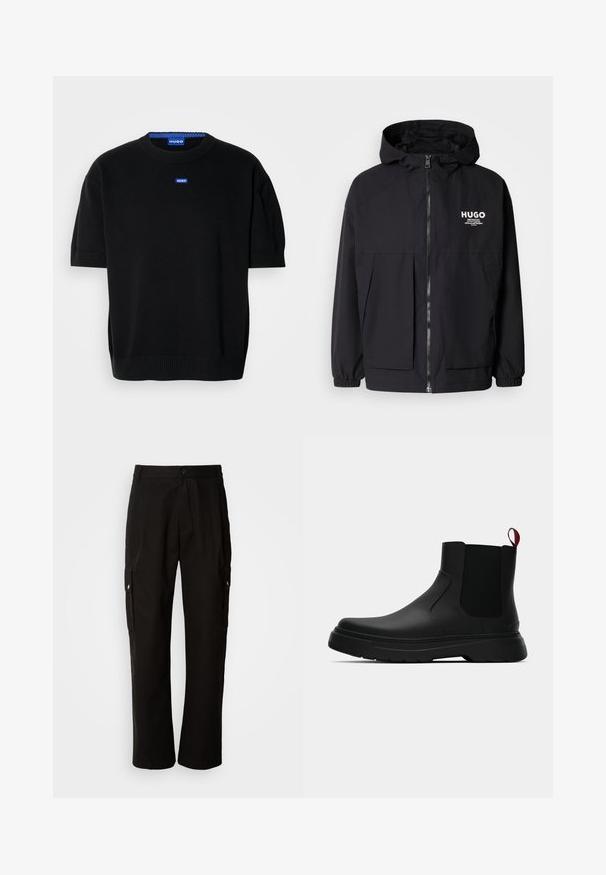 Schwarze Kapuzenjacke mit einem durchgehenden Reißverschluss an der Vorderseite, elastischen Bündchen und zwei vorderen Taschen. Bedrucktes Logo auf der linken Brust. Glatte Textur.; Schwarzer Kurzarm-Pullover aus weichem Strickstoff, mit Rundhalsausschnitt und einem kleinen blauen "HUGO"-Logo auf der Brust.; Schwarze Cargo-Hosen aus Baumwolle mit lockerem Schnitt, seitlichen Taschen, Knopfverschluss und geradem Bein. Einfaches Design ohne Muster.; Schwarze Knöchelstiefel mit glatter Oberfläche, elastischen Seitenpaneelen und einem kontrastierenden roten Zuglasche, ausgestattet mit einer dicken Gummisohle und einer runden Zehenpartie.