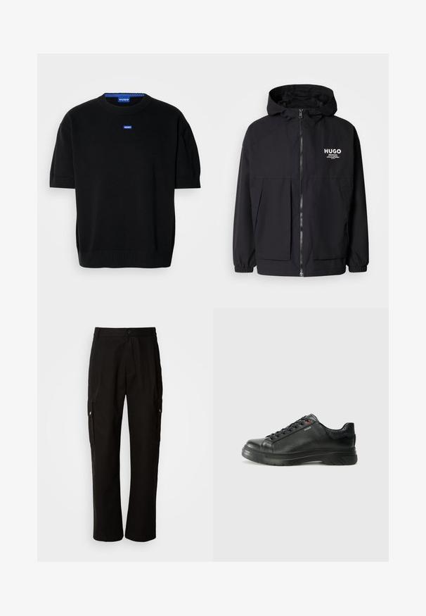 Mustat hupparitakki, jossa on täysipituinen vetoketju, joustavat hihansuut ja kaksinkertaiset etupussit. Vasemmassa rinnassa painettu logo. Sileä tekstuuri.; Lyhythihainen musta villatakki, joka on valmistettu pehmeästä neulekankaasta. Sen kaulus on pyöreä ja rintapuolella on pieni sininen "HUGO"-logo.; Mustat cargo-housut puuvillasta, joissa on rento istuvuus, sivutaskut, nappikiinnitys ja suorat lahkeet. Yksinkertainen muotoilu ilman kuvioita.; Musta nahkakengät, joissa on teksturoidun pinnan, pehmustettu kaulus ja punainen logo. Kengissä on paksu kumipohja, jossa on selkeä uramalli.